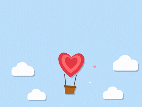 Thank you from the bottom of my heart ribbon above a red paper-cut heart hot air balloon among clouds