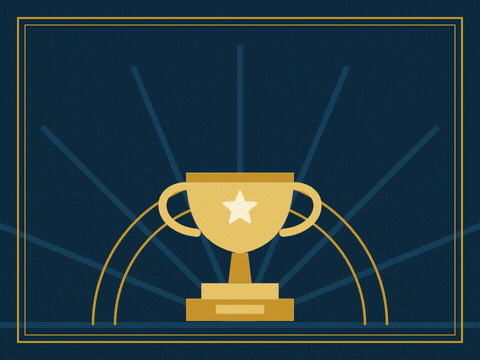 Thank you in gold art deco letters, you deserve a trophy, above a shining gold trophy cup on navy