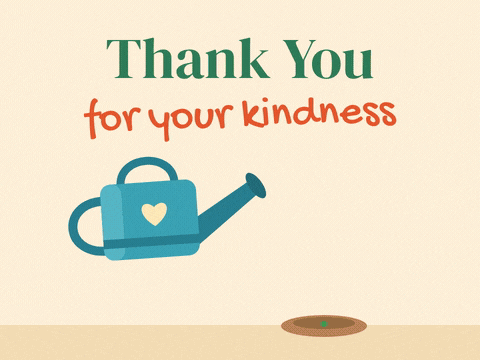 Thank you for your kindness message as a watering can pours and a smiling flower blooms