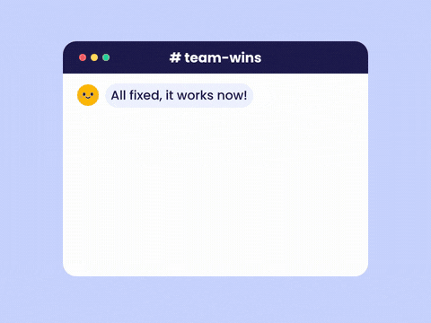 Team chat window where typing dots turn into a big purple Thank you!! bubble, you're a legend, with reactions