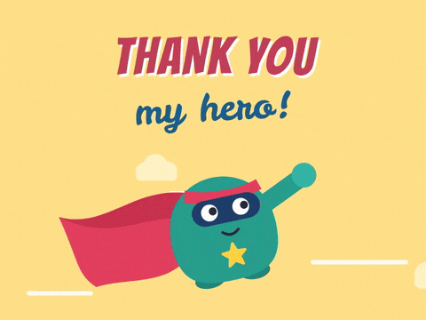 Thank you my hero message with a masked character in a red cape flying past clouds