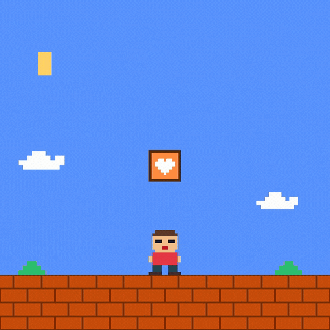 Thank You Pixel Plus One Karma Thank you! typed in pixel letters as an 8-bit hero jumps, hits a block and a heart pops out, +1 karma
