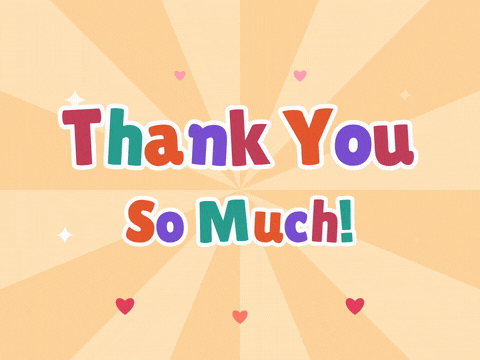 Thank you so much in big bouncing letters on a warm sunburst background with hearts