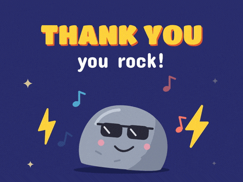 Thank you, you rock message with a rock in sunglasses bouncing to music notes and lightning bolts