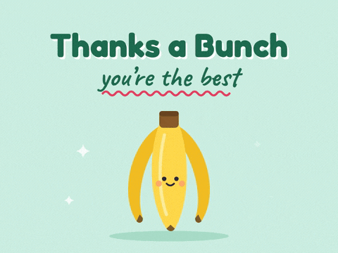 Thanks a bunch thank you message with a smiling bunch of bananas dancing on a mint background