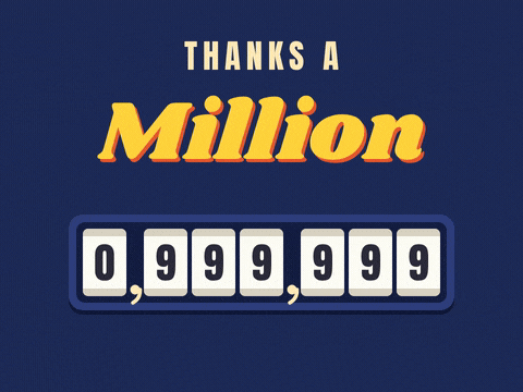 Thanks a million thank you odometer rolling over to 1,000,000 on a navy background with sparkles