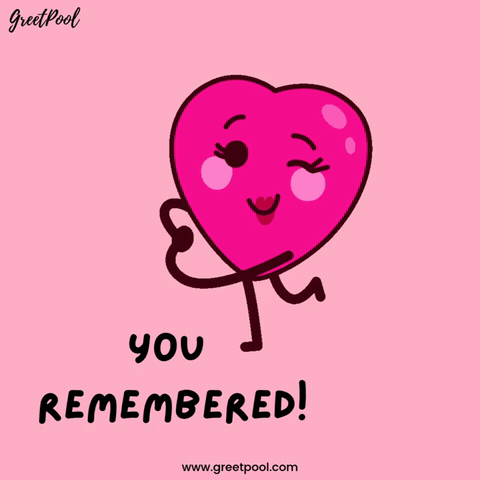 Delighted pink heart character with You Remembered, animated heartfelt thank you GIF