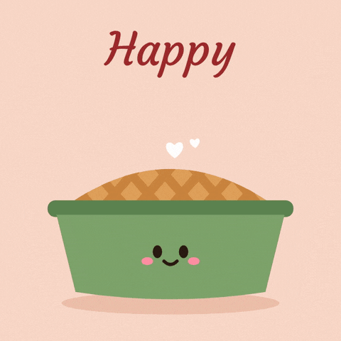 Happy Thanksgiving letters drop and bounce above a smiling lattice pie with little steam hearts on peach