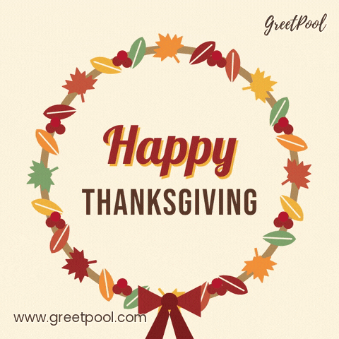 Happy Thanksgiving in red script inside a rustling harvest wreath of autumn leaves, berries and a bow