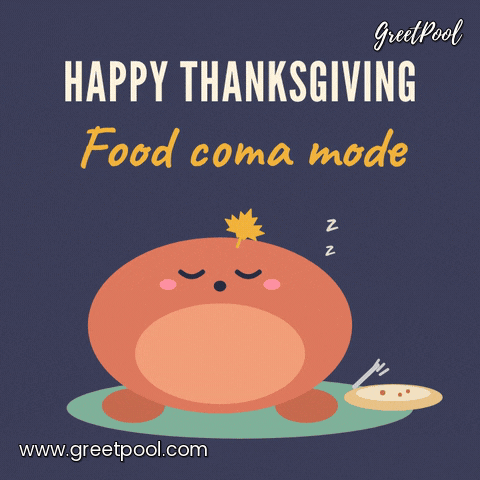 Happy Thanksgiving, food coma mode, a round stuffed critter naps on a cushion beside an empty pie dish