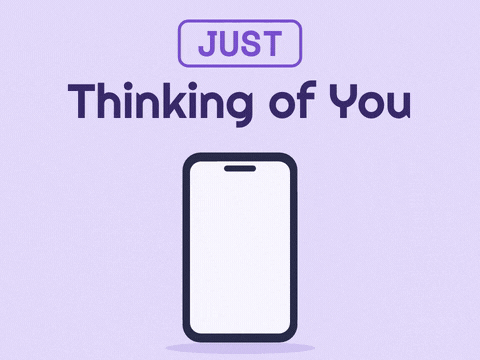 Just thinking of you phone buzzing as heart messages pop up on a lavender background