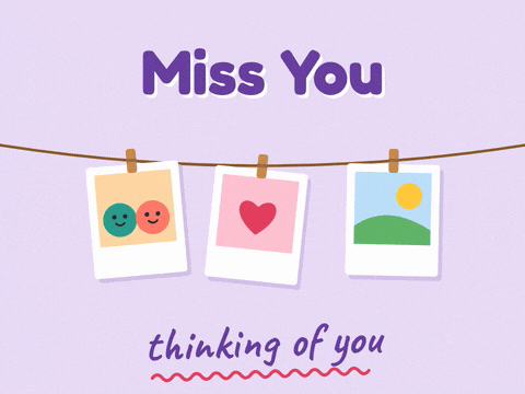 Miss you photos pegged on a string with a handwritten thinking of you on a soft lilac background
