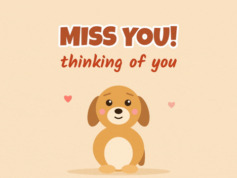Miss you puppy sitting and wagging its tail with a handwritten thinking of you and floating hearts