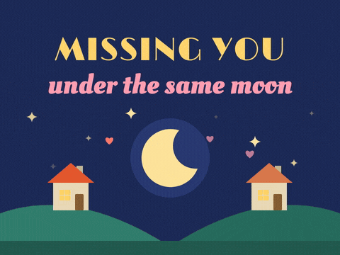 Missing you under the same moon message with two little houses, a crescent moon and floating hearts