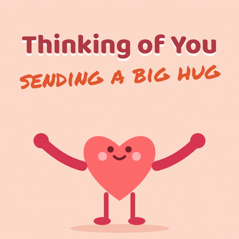 Thinking of you, sending a big hug heart character wrapping its arms in a warm hug