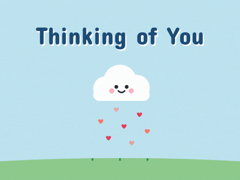 Thinking of you smiling cloud raining little hearts onto heart flowers growing in the grass