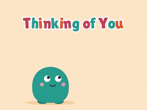 Thinking of you message with a green character daydreaming a red heart in a thought bubble