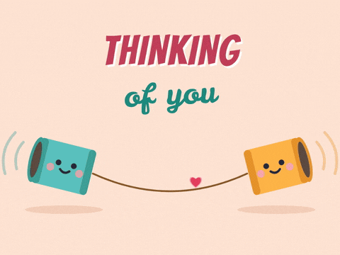 Thinking of you tin can telephone with two smiling cans sending hearts along the string