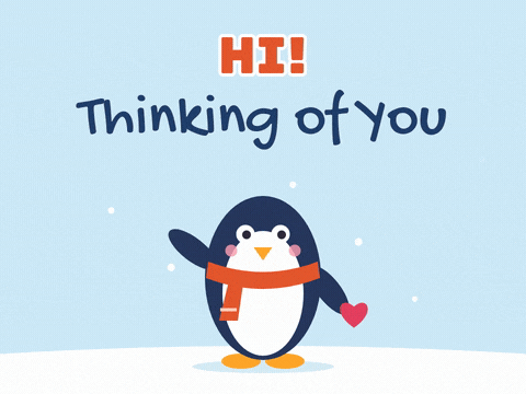 Thinking Of You Waving Penguin Hi, thinking of you penguin in an orange scarf waving and holding a red heart in the snow