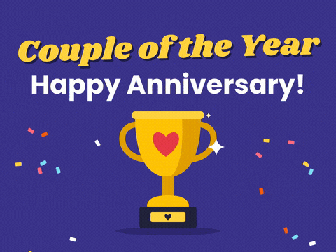 Couple of the Year, happy anniversary message with a gold heart trophy and falling confetti