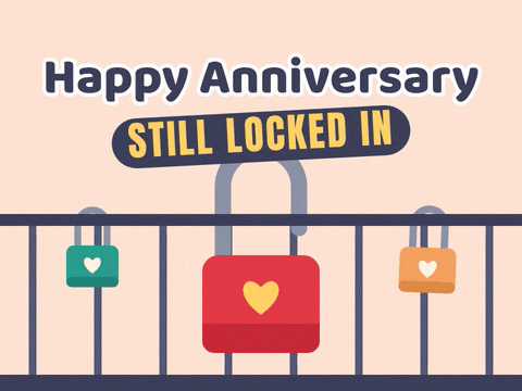 Happy anniversary, still locked in message with a red heart padlock clicking shut on a bridge railing