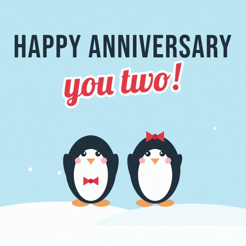 Happy anniversary you two message with a cute penguin couple leaning together under a red heart