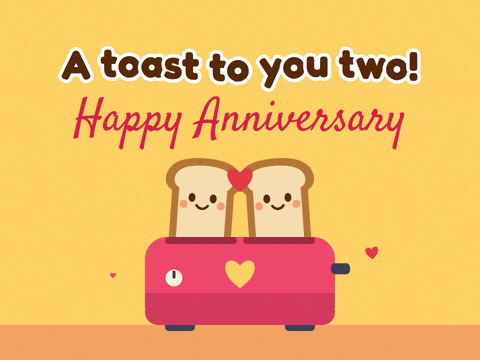 A toast to you two, happy anniversary pun with two smiling toast slices popping out of a pink toaster