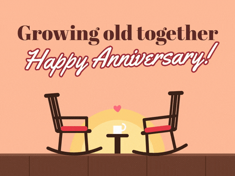 Wedding Anniversary Rocking Chairs Together Growing old together, happy anniversary message with two rocking chairs rocking on a porch at sunset