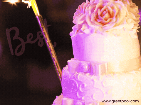 Sparkler burning on a rose-topped wedding cake with Best Wishes, animated celebration wedding GIF