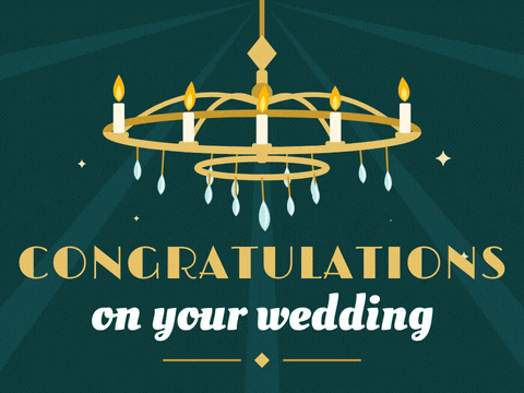 Elegant Wedding Congratulations Chandelier Congratulations on your wedding in art deco gold letters under a crystal chandelier with flickering candles