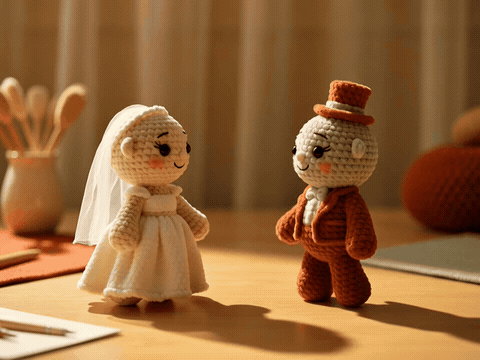 Funny amigurumi crochet high five stitched together for life, animated wedding GIF