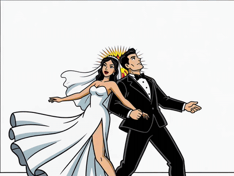 Funny pop art comic here comes forever, animated wedding GIF