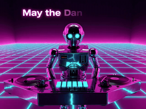 Funny synthwave dj robot meltdown dance floor favor, animated wedding GIF