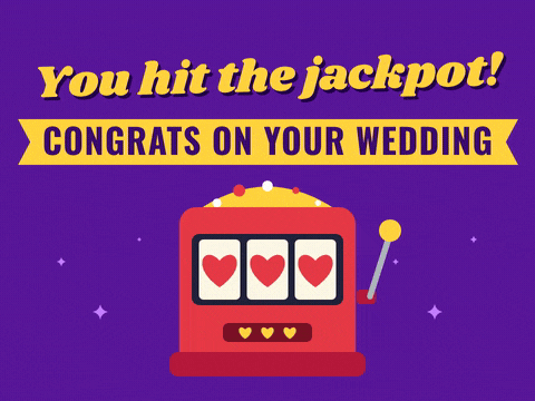 Funny Wedding Jackpot Slot Machine You hit the jackpot wedding congrats with a red slot machine landing three hearts on a purple background