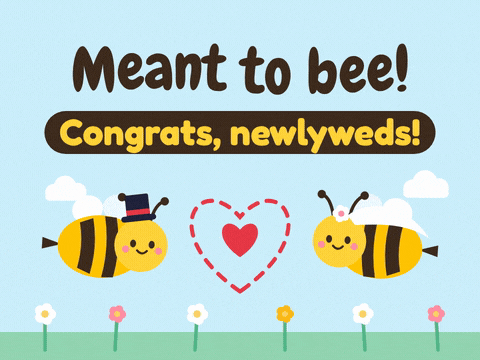 Funny Wedding Meant To Bee Congrats Meant to bee wedding congrats with a bee groom in a top hat and a bee bride in a veil around a dashed heart