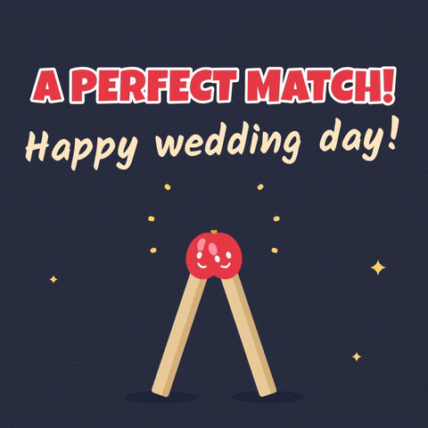 A perfect match wedding congrats with two smiling matchsticks leaning together to light a heart shaped flame