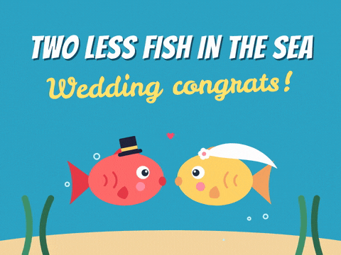 Funny Wedding Two Less Fish Congrats Two less fish in the sea wedding congrats with a groom fish in a top hat and a bride fish in a veil