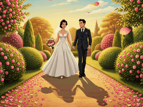 Gouache Poster Couple Walking Congratulations Newlyweds Wedding Gouache poster couple walking congratulations newlyweds, animated wedding GIF