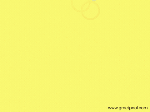Two illustrated lovebirds on yellow beneath Happily Ever After, animated playful wedding GIF