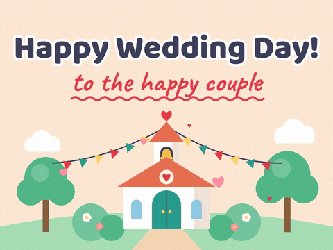 Happy Wedding Day to the happy couple with a little white chapel, bunting and rising hearts on peach