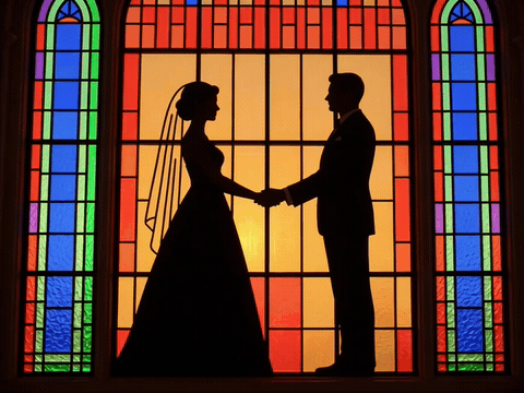 Stained Glass Couple Silhouette Two Hearts One Home Wedding Stained glass couple silhouette two hearts one home, animated wedding GIF