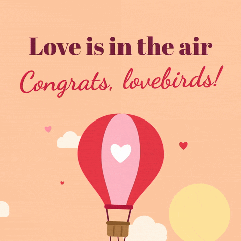 Wedding Congrats Hot Air Balloon Love is in the air, congrats lovebirds with a red and pink heart hot air balloon floating past soft clouds