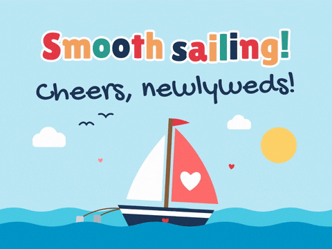 Wedding Congrats Smooth Sailing Sailboat Smooth sailing, cheers newlyweds with a sailboat carrying a heart sail rocking on bright blue waves
