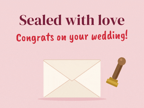 Wedding Congrats Wax Seal Envelope Sealed with love, congrats on your wedding with a stamp pressing a red heart wax seal onto an envelope