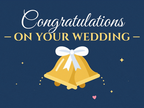 Congratulations on your wedding in script above two ringing golden wedding bells with a white bow on navy