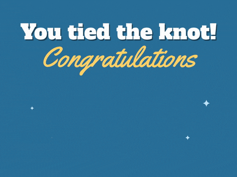 You tied the knot congratulations with a rope drawing itself into a heart shaped knot on a blue background