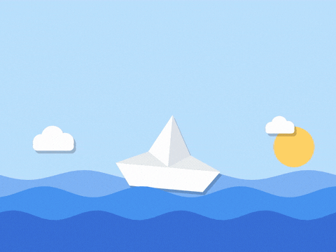 Welcome aboard, glad you're here message over a white paper boat bobbing on layered paper-cut blue waves