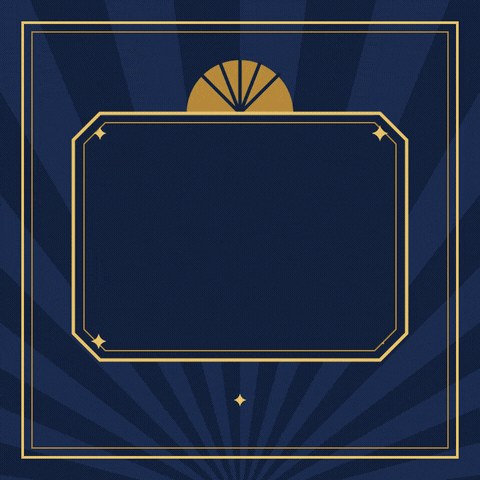 Welcome Art Deco Gold Welcome in gold art deco letters on a navy panel with Glad you're here script, sunburst rays and sparkles