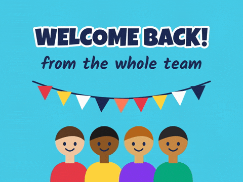 Welcome Back From The Team Bunting Welcome back from the whole team message with four smiling colleagues under colourful bunting