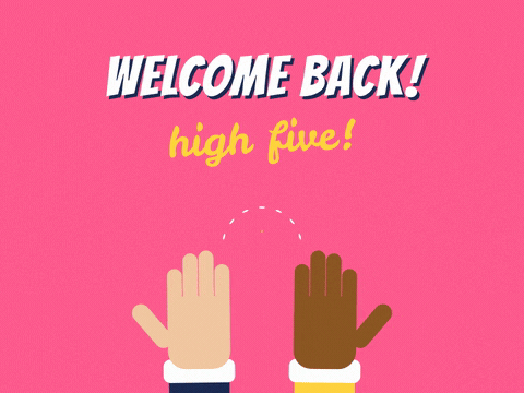 Welcome Back High Five Welcome back high five message with two colleagues’ hands clapping together on a pink background